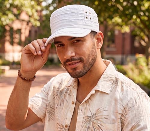 D&Y Unisex 100% Cotton Military Cadet Hat - Distressed Frayed Flat Top Cap - Adjustable Everyday Patrol Hat - color: White