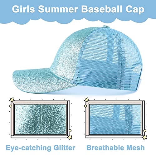Zsedrut Girls Glitter Baseball Cap Kids Adjustable Ponytail Hat Toddler Summer Mesh Trucker Hats - color: Blue