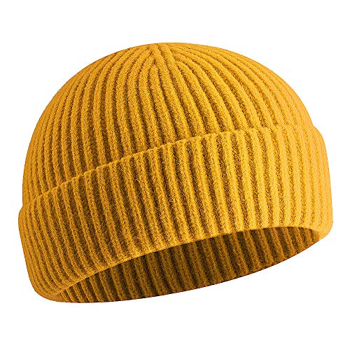 vidsel Wool Knit Cuff Short Fisherman Beanie for Men Women, Winter Warm Hat - color: Yellow