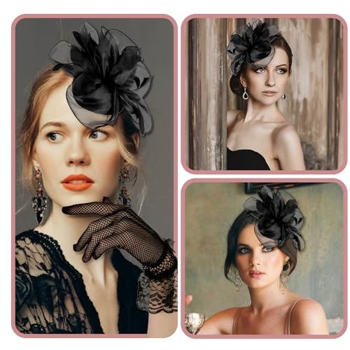 Sibba Tea Party Hat with Lace Gloves 1920s Vintage Fascinator Hats Black