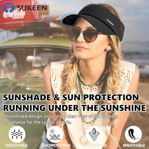 Sukeen Sports Sun Visor Men Women Lightweight Portable Cooling Stretchy Visor Hat for Running, Golf, Daily Wear - color: Black
