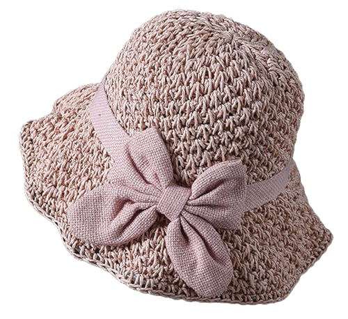 Woven Straw Sun Hat Women Elegant Summer Beach Bucket Cap Wide Brim Travel Sun Hat Stylish Handmade Packable - color: Light-pink