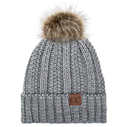 C.C Exclusives Fuzzy Lined Knit Fur Pom Beanie Hat (YJ-820) - color: #28 Lt Grey Mix