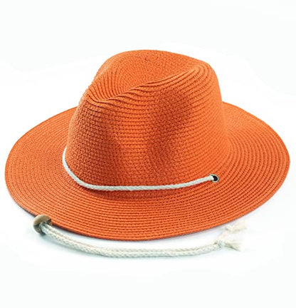 Women Straw Fedora Hat Summer Panama Beach Sun Hats UV UPF50+ Cap - color: Orange