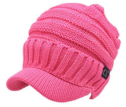 C.C Trendy Warm Oversized Chunky Soft Oversized Ribbed Slouchy Knit Hat with Visor Brim - color: Candy Pink