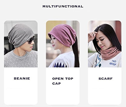 Jeelow Cotton Slouchy Open Top Beanie Hat 2 Pack - color: Navy Grey + Khaki Grey