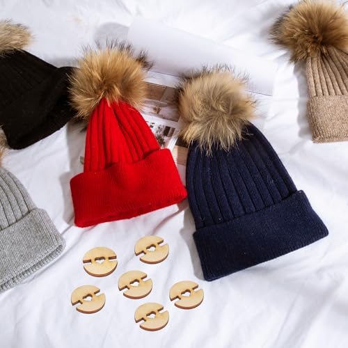 60pcs Pom Poms Buttons for Hats, Wooden Handmade Buttons Removable Love Button Crafts Faux Fur Pom Fastener Holder Sewing Clothing Accessories for Beanies, Knitting, Crochet