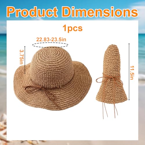 Straw Hat, Beach Hat and Sun Hat for Women, Foldable and Packable Design with Hand-Woven Bow, Ideal for Beach Outings, Travel and Outdoor Activities