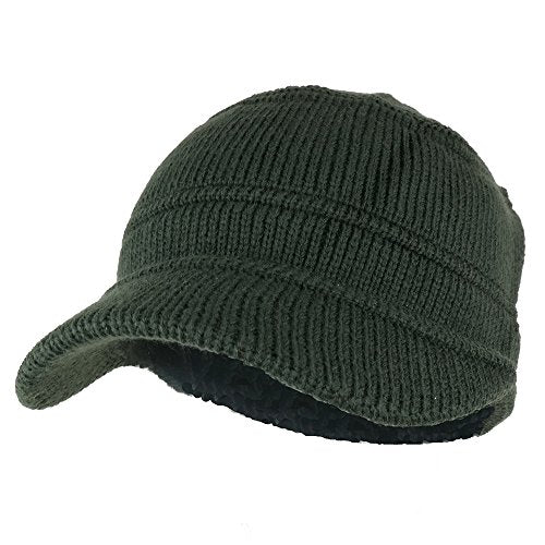 Army Style Acrylic Cadet Winter Beanie Hat with Visor - color: Olive