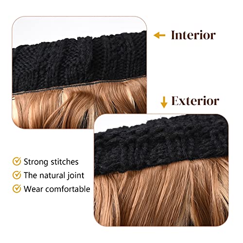 Flufymooz Beanie Wig, Hat Hair Extension Long Wavy Curly Black Hat Wig with Faux Fur Pom Hat, wig hat Attached 20 Inch Synthetic Hairpiece for Women Girls Winter (Light Brown with Ash Blonde) - color: Black Hat-light Brown With Ash Blonde, size: 20 Inch