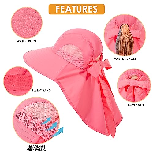 Womens Sun Hat UV Protection, Foldable Waterproof Wide Brim Bucket Hats with Neck Flap for Summer Beach Fishing Hiking - color: Rose