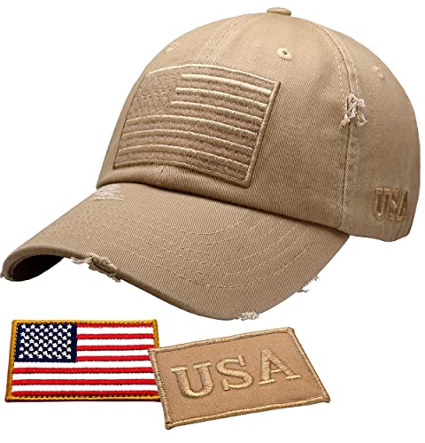 Antourage American Flag Unisex Baseball Hat for Men and Women | USA Flag Mesh Snapback Cap with 2 Patriotic Patches - color: (09) Khaki