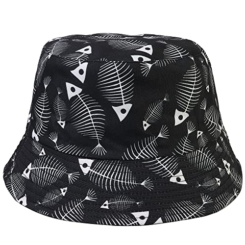 Falari Reversible Bucket Hat for Men Women Summer Travel Beach Outdoor Fishing Hat 100% Cotton - color: J890-black-fish