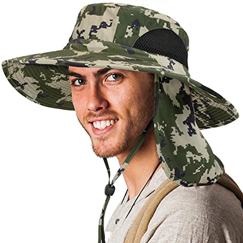 SUN CUBE Wide Brim Sun Hat for Men & Women, UPF 50+ UV Protection, Mesh Boonie Hat with Chin Strap, Fishing Hiking Hat - color: Camo Green With Flap