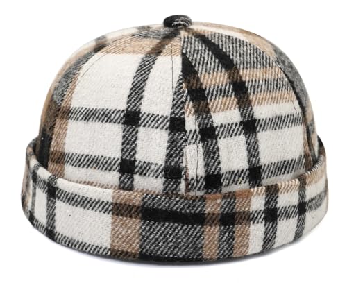 DIYDECAL Striped Plaid Brimless Worker Cap,Retro Skullcap Docker Hat for Men Womens - color: Coffee
