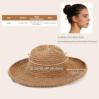 Oweisong Sun Hats for Women Wide Brim Floppy Beach Hats Packable Boho Crochet Straw Hat for Summer Vacation Travel - color: Khaki