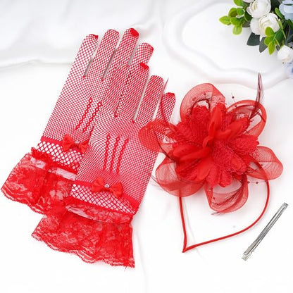 Fascinators Hats with Lace Gloves for Women Headband for Tea Party Wedding - color: Red