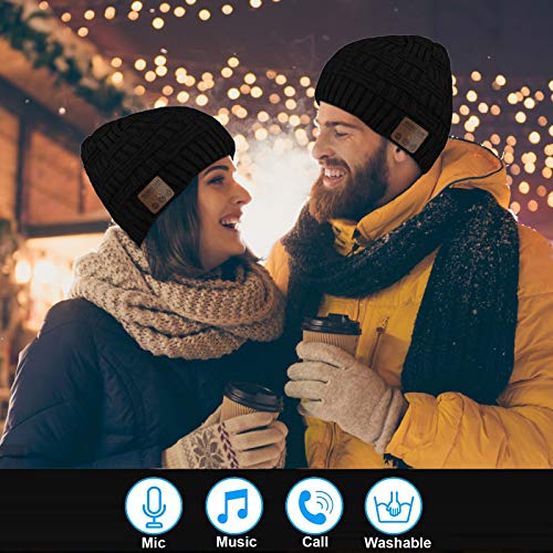 Wireless Beanie Hat for Men Women Wireless Music hat with Headphones Headset Speaker Mic Music Beanie Hat Unisex Knit Outdoor Sports Running Cap with Microphone Teens Tech Gifts - color: Black-01