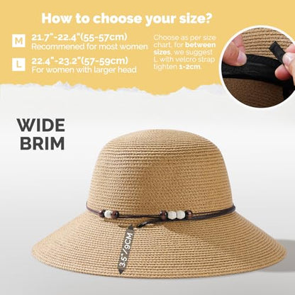 Womens Straw Beach Sun Hat, UV Protection UPF 50+, Lightweight Straw Bucket Hat, Summer Travel - color: Khaki, size: Medium