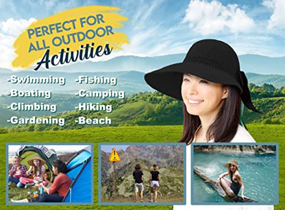 Straw Sun Visor for Women, Wide Brim UPF 50+ Protection Beach Hat, Adjustable, Roll Up Foldable Ponytail Cap with Chin Strap - color: A Black