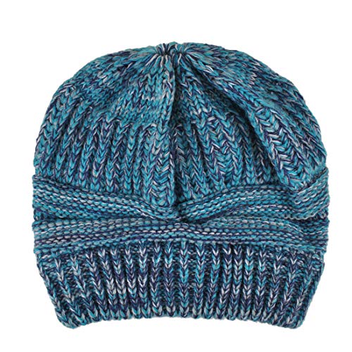 Women Ponytail Beanie 2-Pack, Thick Thermal Soft Acrylic Winter Skull Cap - color: B & E