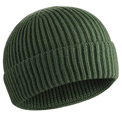 50% Wool Knit Short Fisherman Beanie for Men Women Warm Winter Hat - color: #Army Green