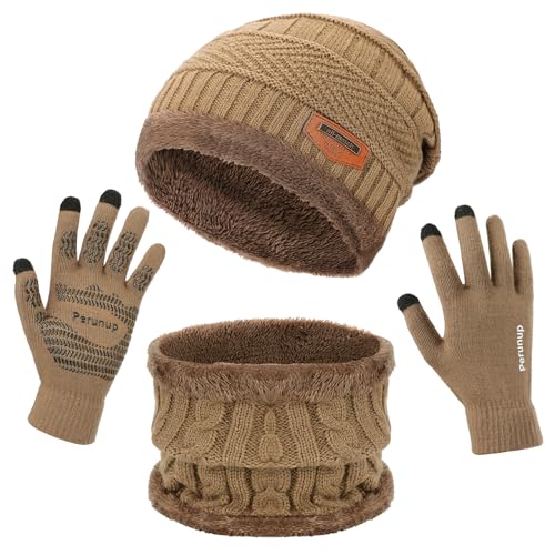 MAYLISACC Winter Knit Beanie Hat Neck Warmer Scarf and Touch Screen Gloves Set 3 Pcs Fleece Lined Skull Cap for Men Women - color: Khaki--3 Pcs--(hat+scarf+gloves)