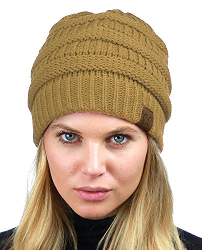 C.C Unisex Chunky Soft Stretch Cable Knit Warm Fuzzy Lined Skully Beanie - color: Camel
