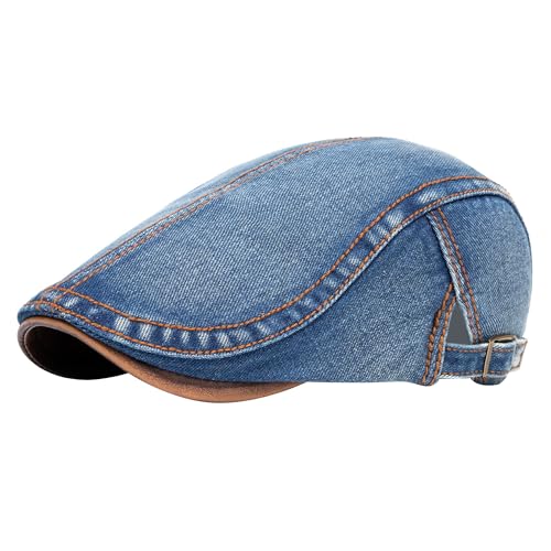 SEAUR Denim Newsboy Hats for Men Adjustable Flat Ivy Gatsby Cabbie Driving Beret Hat Breathable Cotton Golf Cap Unisex - color: Blue