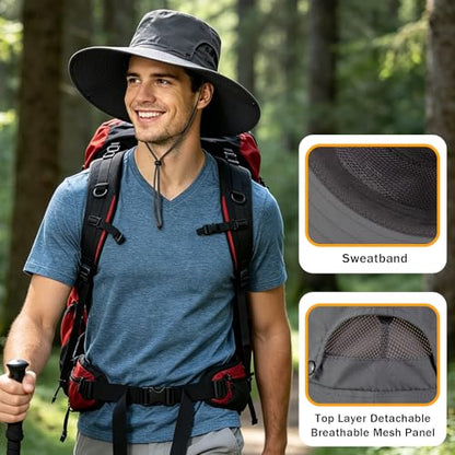 Mens Sun Hat Wide Brim Sun Hats for Men UV Protection Waterproof Bucket Hat - color: Dark Grey