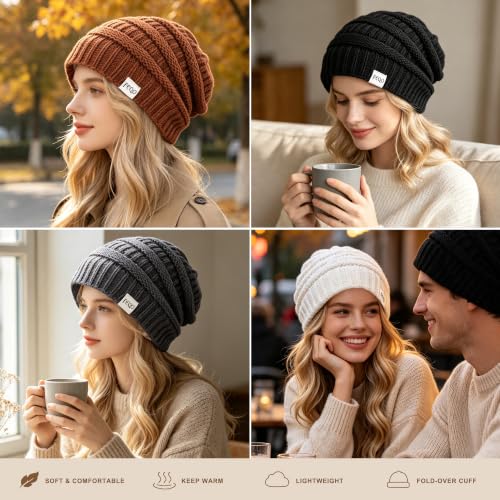 FEQO 4 Pack Satin Lined Beanies Slouchy Beanie Oversized Cable Knit Caps - color: Black, White, Dark Gray, Khaki