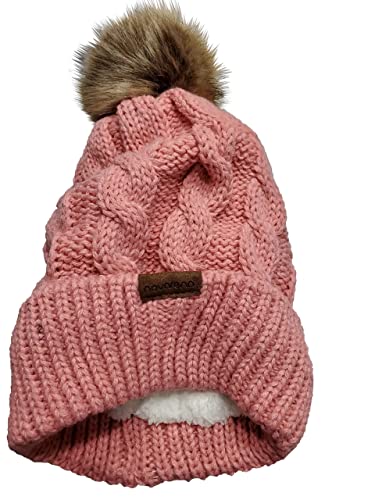 Novarena Thick Cable Knit Faux Fuzzy Fur Pom Fleece Lined Skull Cap Cuff Beanie - color: Coral Pink Pom Beanie