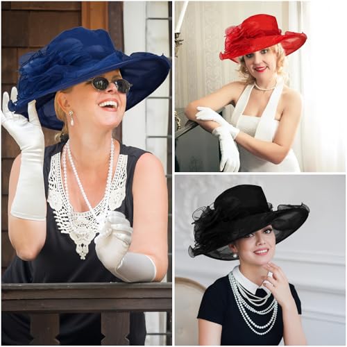 Derby Hats for Women 2025 Equestrian Derby Tea Party Fascinators Wide Brim - color: Black