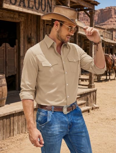 COOFANDY Men's Western Cowboy Shirts Casual Button Down Shirt Long Sleeve - color: Khaki, size: Small