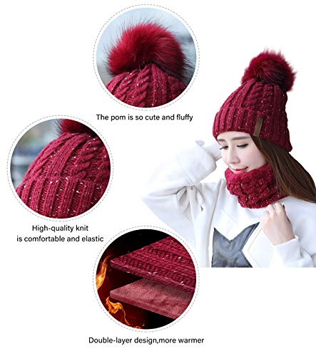IYEBRAO Womens Winter Knit Beanie Hat and Scarf Set Girls Cute Slouchy Thick Fleece Lined Ski Hat Warm Skull Cap with Pom - color: Wine Red