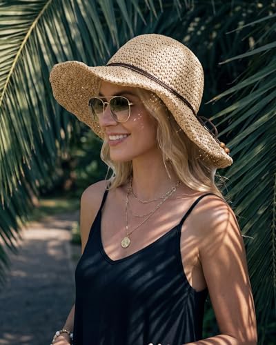 Hat Hut Floppy Beach Hat Crochet Straw Sun Hats for Women Wide Brim Handmade Summer Travel Hat Foldable Packable (US, Alpha, One Size, Beige)