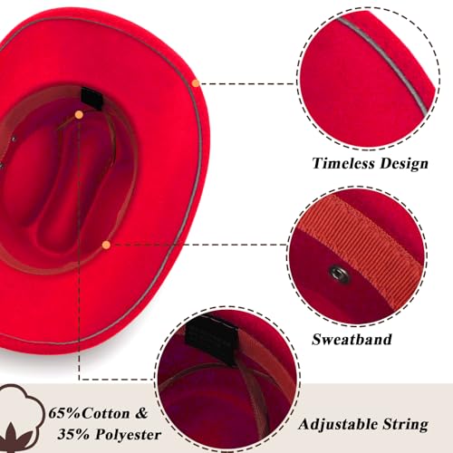 AQOKKA Western Cowboy Hats for Women Classic Felt Wide Brim Fedora Hat with Belt Buckle Retro Panama Hat Unisex Rolled up Cap - color: K-fedora Hat : Red, size: Large