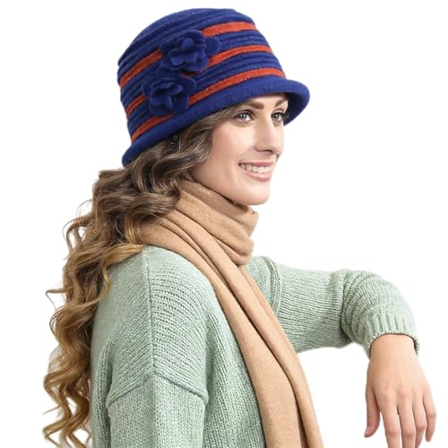 Vintage Women Floral Wool Dress Cloche Winter Hat 1920s - color: C025-d-royal Blue