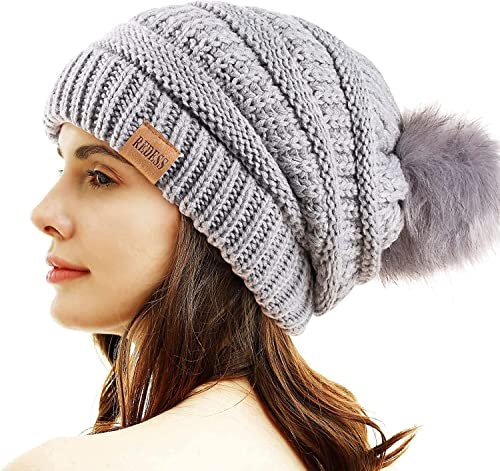 REDESS Women Winter Pom Pom Beanie Hat with Warm Fleece Lined - color: Light Gray