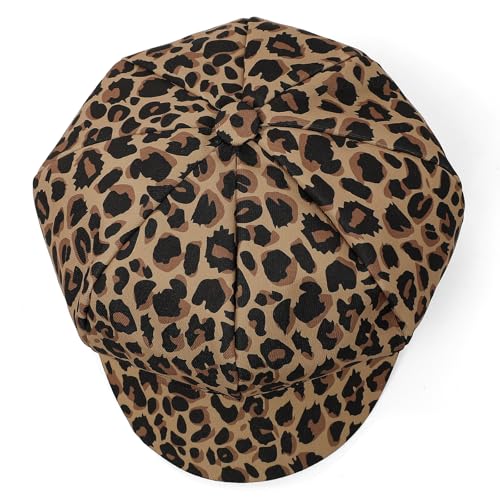 Newsboy Cabbie Baker boy hat Beret Cap for Women Pageboy Visor Paperboy Hat Sailor Fiddler Hat Adjustable - color: Leopard Khaki