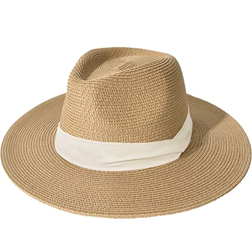 FURTALK Womens Mens Wide Brim Straw Panama Hat Fedora Summer Beach Sun Hat - color: Khaki-beige, size: Medium-Large