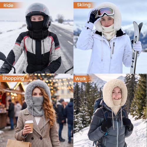Winter 3 in 1 Beanie Hat with Scarf and Mask, Plush Face Beige