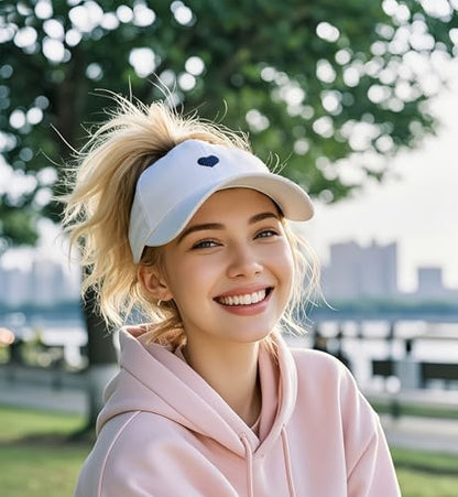 Sun Visor for Women High Ponytail Sun Hats Sports Running Heart Embroidered Veelcro Golf Beach Cap - color: White