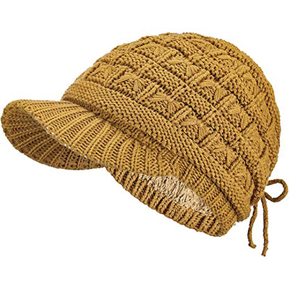 BYOS Womens Winter Chic Cable Warm Fleece Lined Crochet Knit Hat W/Visor Newsboy Cabbie Cap - color: Basket Woven-mustard Yellow