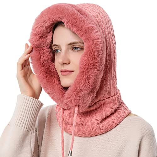 HUAMULAN Women Cable Knit Balaclavas Winter Fleece Lined Beanie Hat - color: Dusty Pink