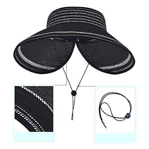 Women Sun Visors Foldable Straw Hats Summer Beach Packable Hat Floppy Wide Brim Cap Deep Style, Adjustable Size - color: Black 2