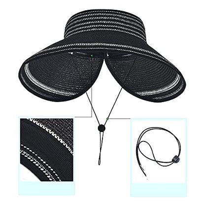 Women Sun Visors Foldable Straw Hats Summer Beach Packable Hat Floppy Wide Brim Cap Deep Style, Adjustable Size - color: Black 2