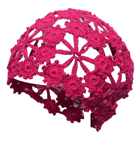Women Lace Crochet Beanie Hat Handmade Knitted Cutout Floral Skull Cap - color: Rose