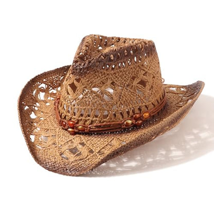 AQOKKA Straw Cowboy Hats for Women Men Western Cowgirl Hats with Shapeable Brim Woven Hollow Out Unisex Beach Roll Up Caps - color: Brown Beads Cowboy Hats : Khaki+coffee Spray-painted