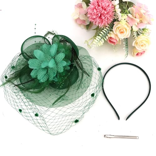 Semato Fascinators Hats for Women Mesh Feathers Elegant Green Tea Party Kentucky Hat Derby Headband with Hair Clip - color: Green